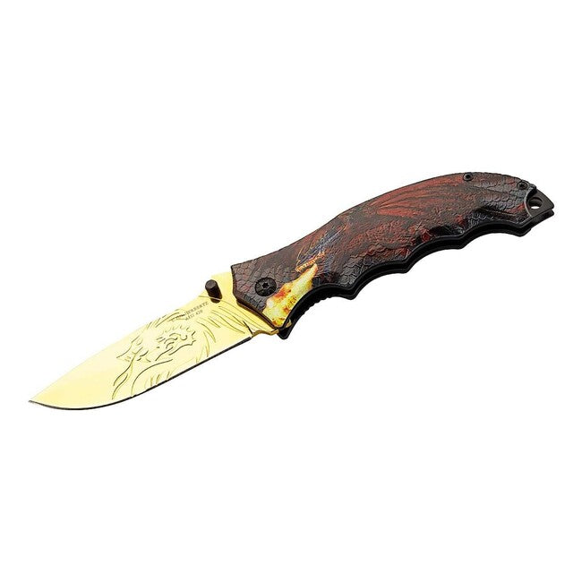 Herbertz Coltello a una mano 8,3 cm, lama dorata, alluminio, drago 3D