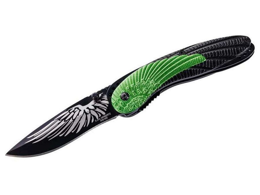Herbertz Coltello a una mano 8,5 cm, alluminio nero-verde ala 3D