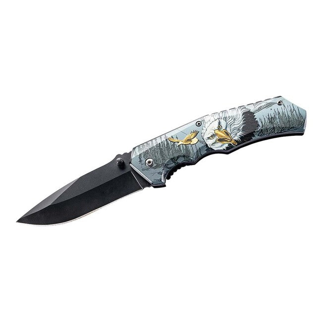 Herbertz Coltello a una mano 8 cm acciaio inossidabile, paesaggio 3D con testa d'aquila dorata