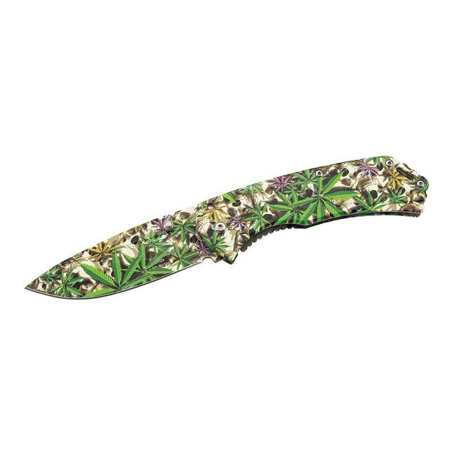 Herbertz Coltello a una mano 9 cm, acciaio inossidabile, teschi 3D e foglie di canapa