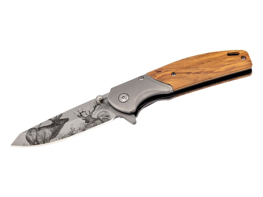 Herbertz Coltello a una mano 9 cm, legno d'ulivo, motivo di cervi sulla lama