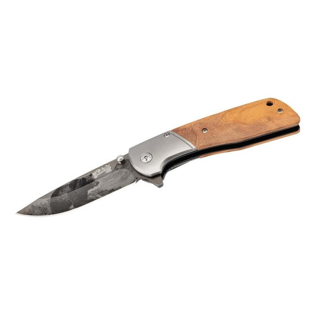 Herbertz Coltello a una mano 9 cm, legno d'ulivo, motivo a orso sulla lama
