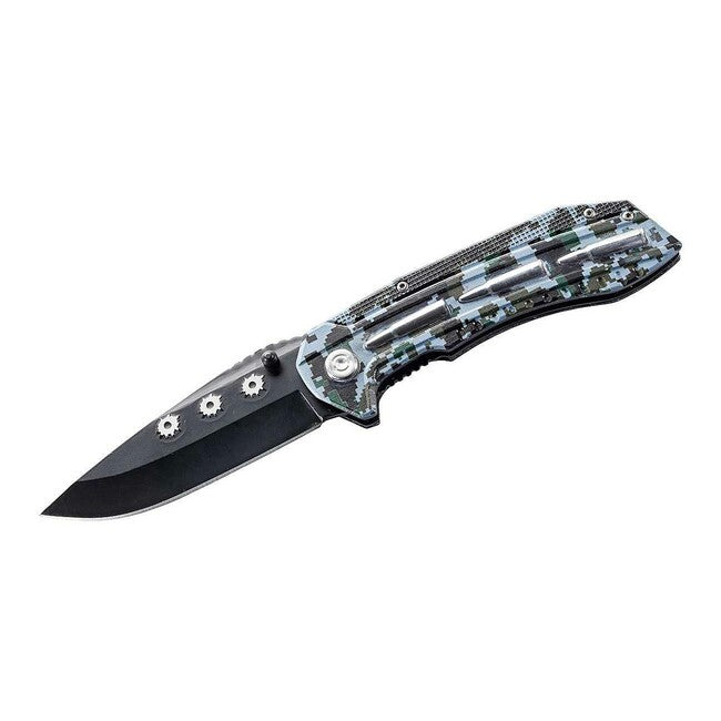 Herbertz Patrone coltello tascabile a una mano 9 cm, alluminio, finitura militare, Camo