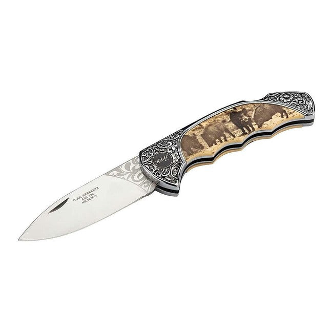 Herbertz Coltello 8,2 cm plastica con finiture floreali, motivo cinghiale
