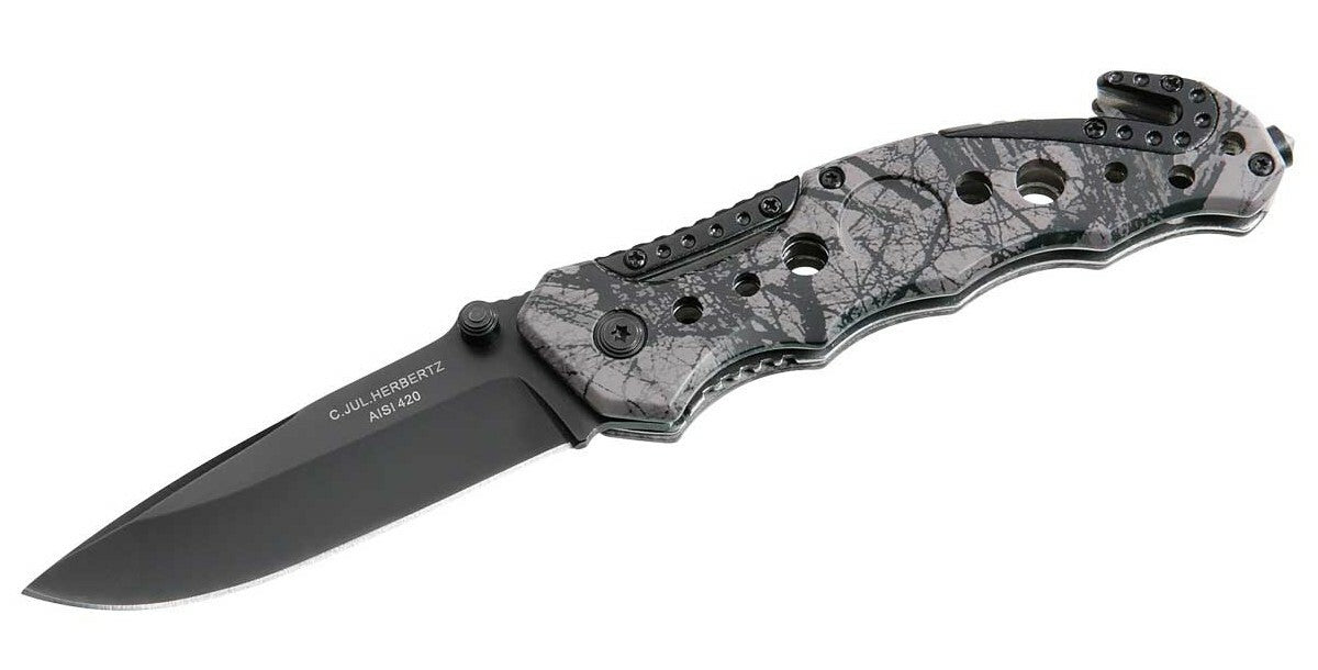 Herbertz Coltello di salvataggio tascabile 8,6 cm, marrone-nero, alluminio, motivo mimetico