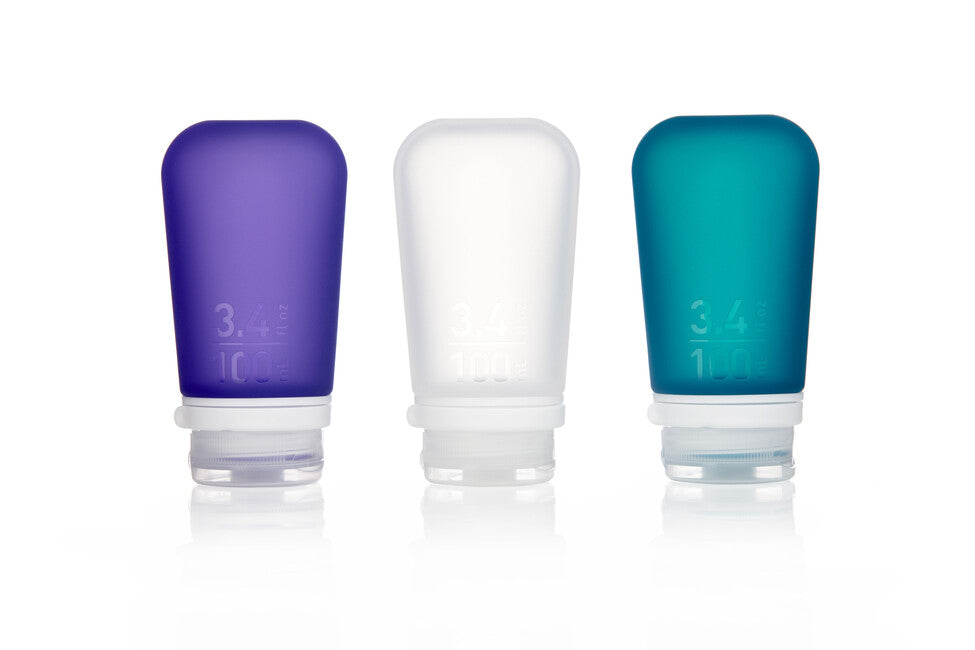 Humangear GoToob+ bottiglia/cartuccia da viaggio in silicone confezione da 3 100 ml, trasparente/viola/turchese