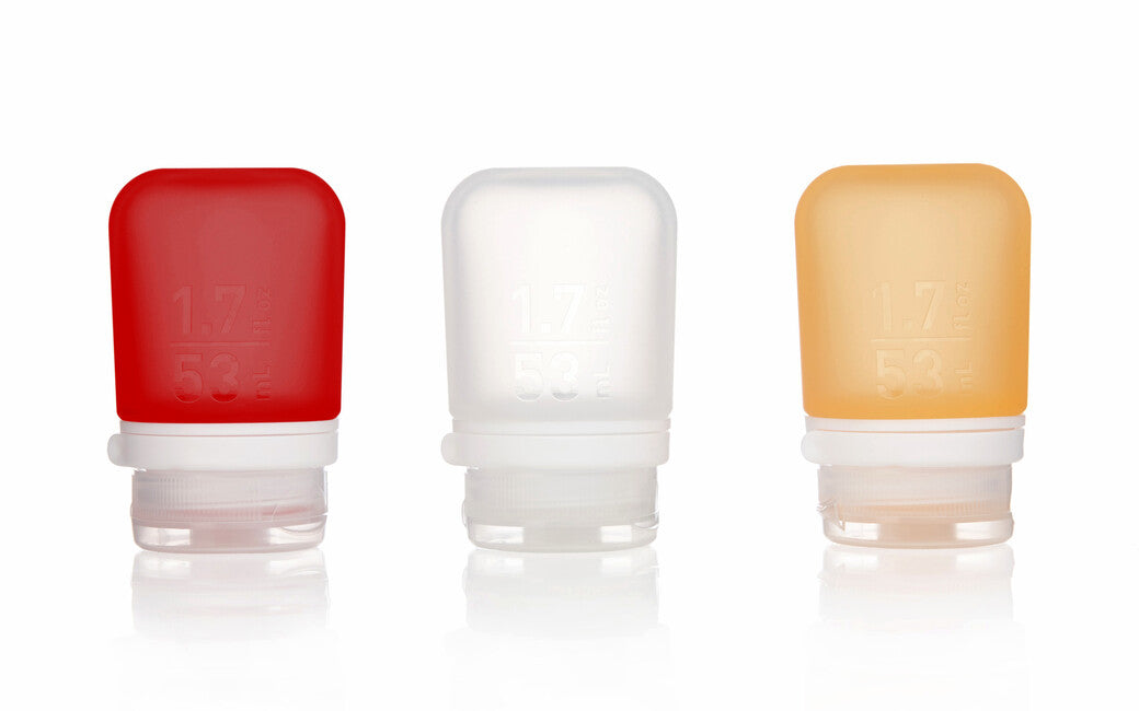 Humangear GoToob+ bottiglia da viaggio in silicone / contenitore confezione da 3 53 ml , trasparente/rosso/arancio