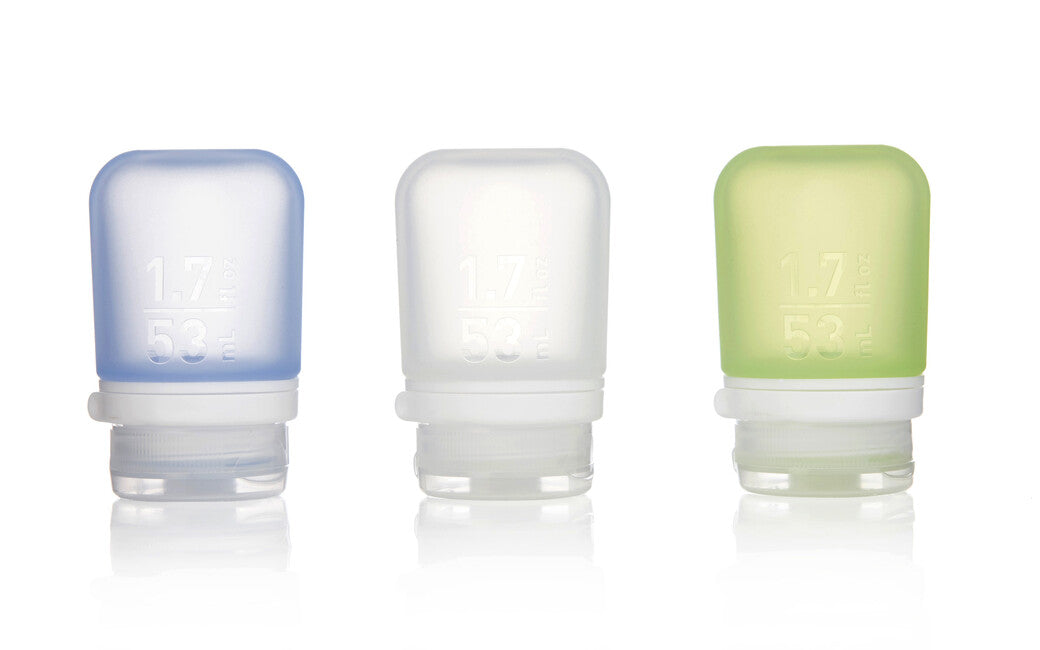 Humangear GoToob+ bottiglia/cartuccia da viaggio in silicone confezione da 3 53 ml, trasparente/verde/blu