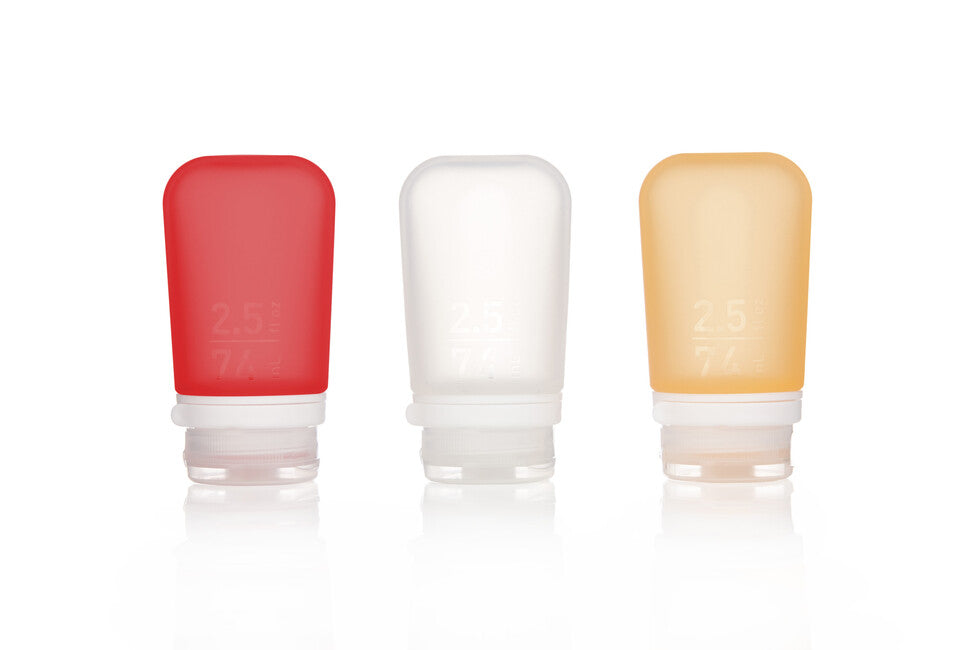 Humangear GoToob+ bottiglia da viaggio in silicone / contenitore confezione da 3 74 ml , trasparente/rosso/arancio
