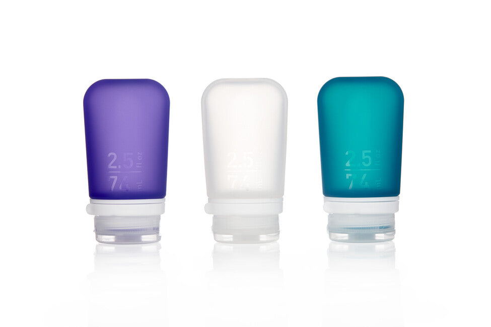 Humangear GoToob+ bottiglia/cartuccia da viaggio in silicone confezione da 3 74 ml, trasparente/viola/turchese