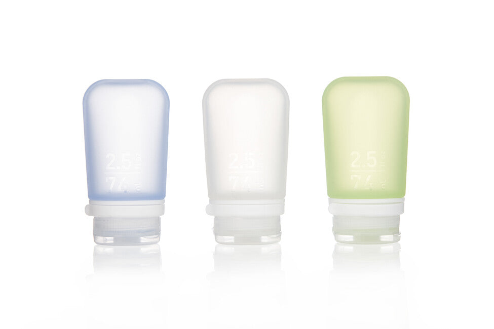 Humangear GoToob+ bottiglia da viaggio in silicone / contenitore confezione da 3 74 ml , trasparente/verde/blu