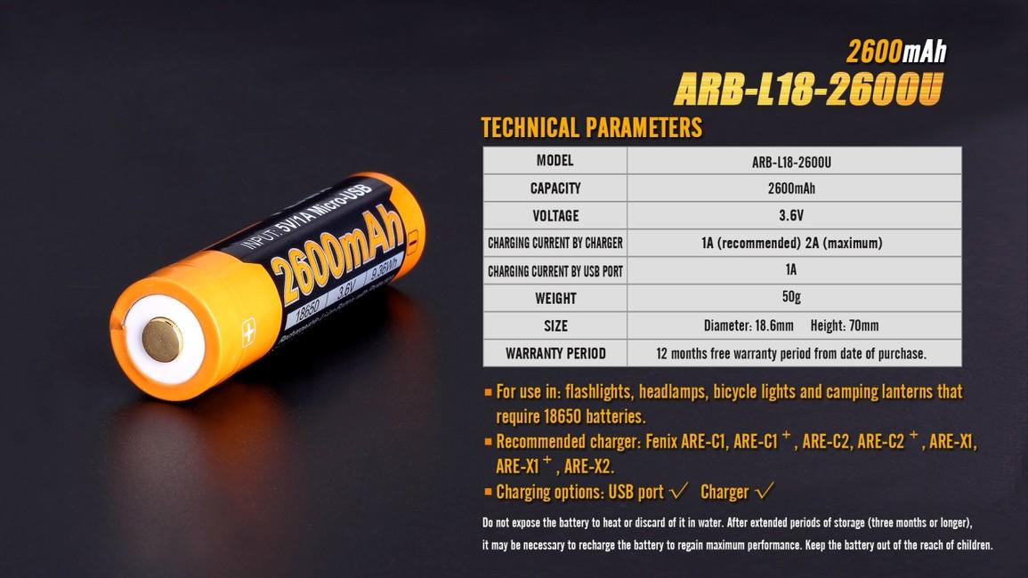 Fenix batteria ricaricabile usb 18650 2600 mAh Li-Ion