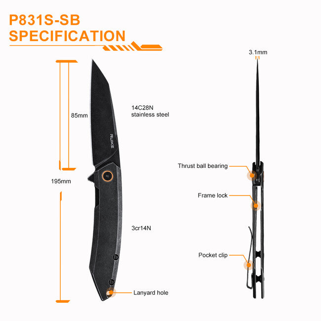 Ruike P831S coltello, nero