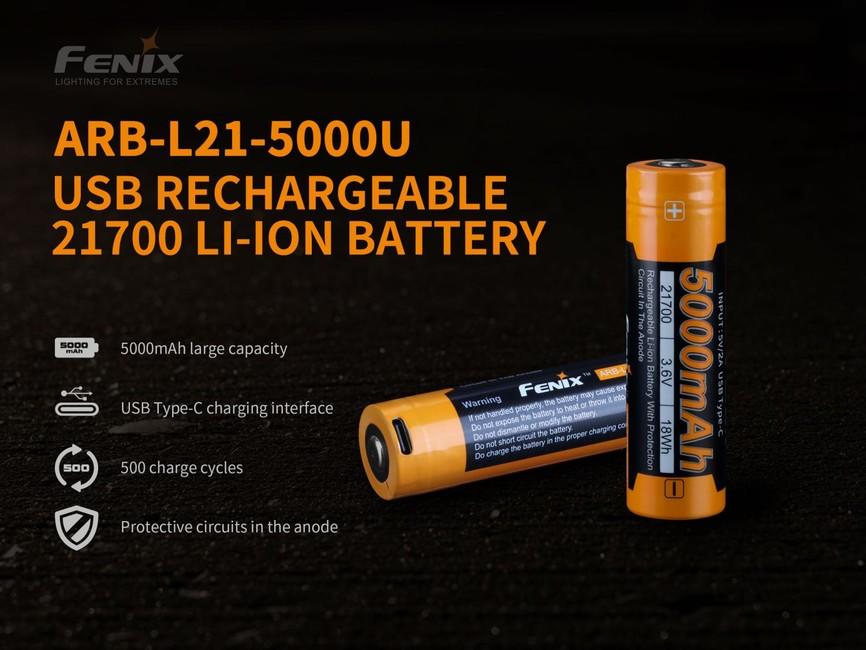 Fenix 21700 batteria ricaricabile 5000 mAh li-ion usb-c