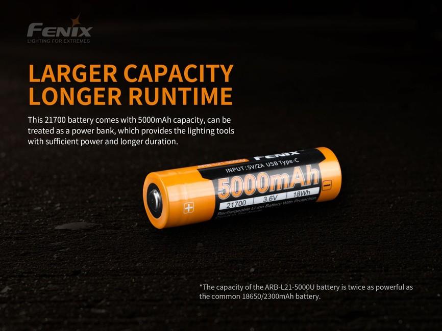 Fenix Rechargeable Battery 21700 5000 mAh USB-C, Li-Ion
