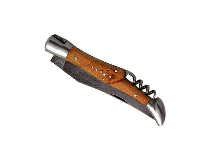 Laguiole DUB071 coltello lama 12 cm acciaio damascato cavatappi manico in ginepro