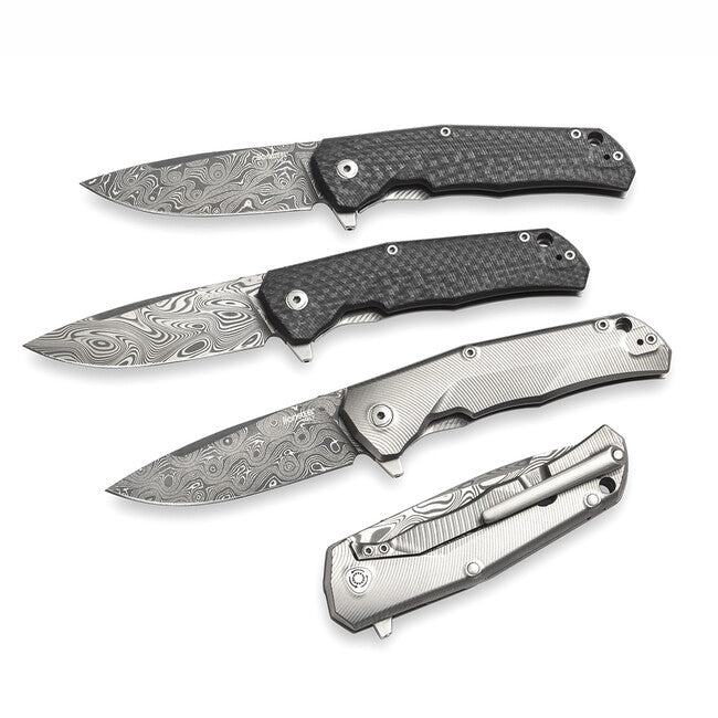 Lionsteel Coltello da tasca molto robusto con lama in acciaio damascato TRE DR FC