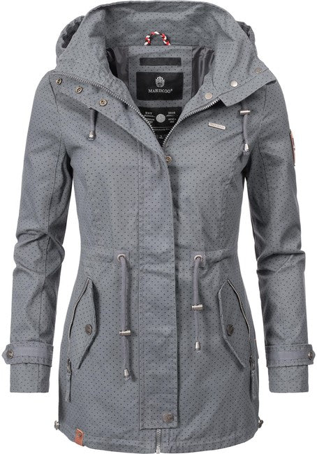 Marikoo Nyokoo giacca da donna per mezza stagione con cappuccio, grigio scuro a pois