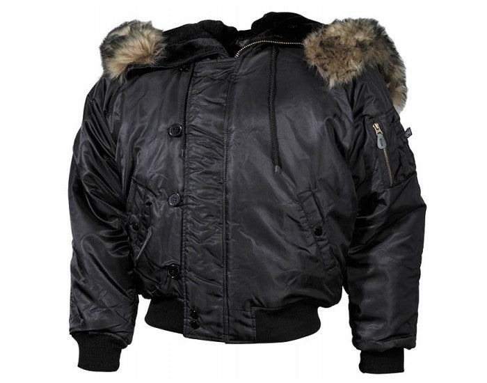 MFH N2B bomber giacca in nylon con pelliccia, nera