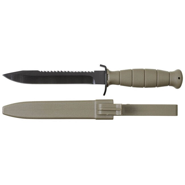 MFH Coltello da campo AT con fodero, dorso a sega, verde OD
