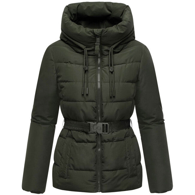 Marikoo Himee 16 giacca invernale da donna con collo alto e cinturino, dark olive