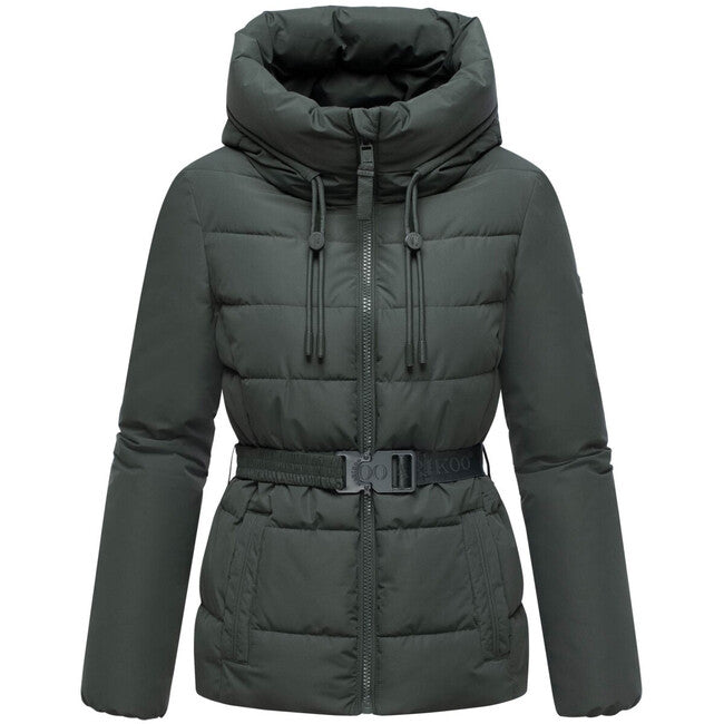 Marikoo Himee 16 giacca invernale da donna con collo alto e cintura, stone green