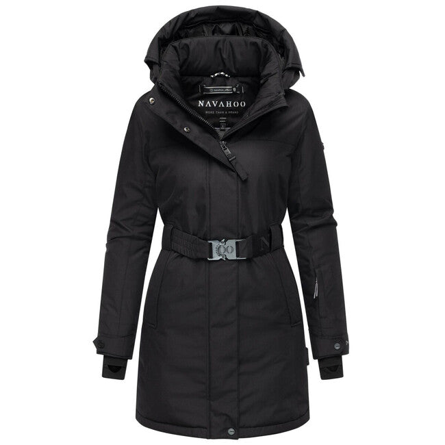 Navahoo Frostkuss 14 giacca invernale da donna con cappuccio rimovibile e cintura, nera