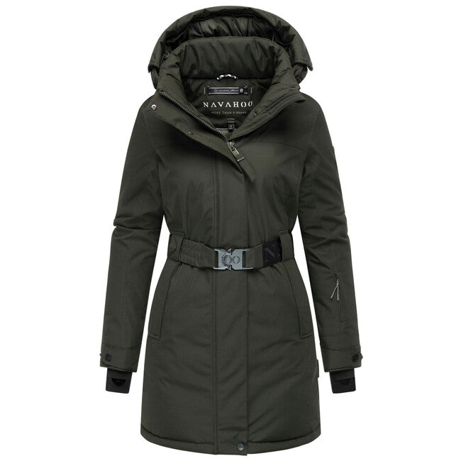 Navahoo Frostkuss 14 parka invernale da donna con cappuccio removibile e cintura, dark olive