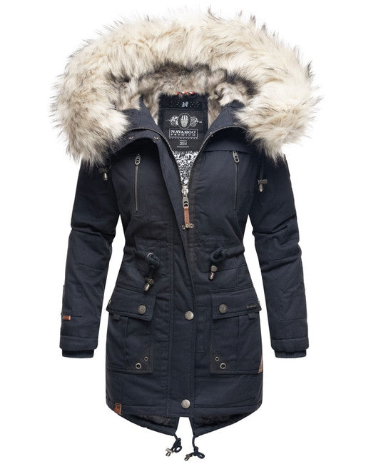 Navahoo Honigfee giacca invernale da donna con cappuccio e pelliccia, navy