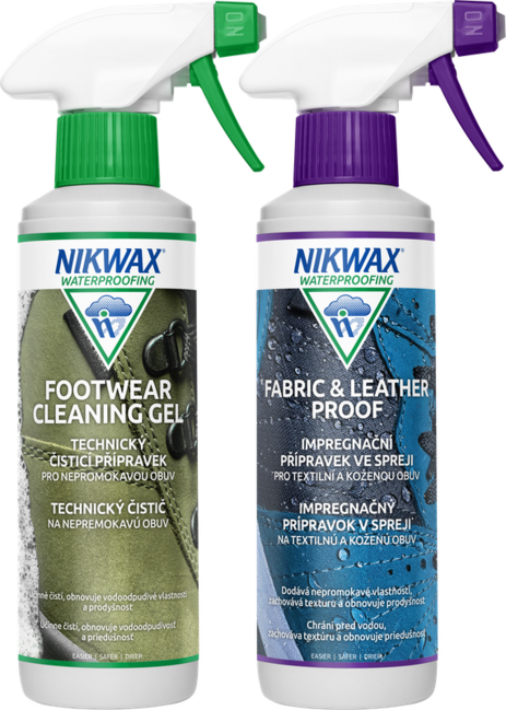 Nikwax Set di 2 pezzi di Spray doppio per tessuti e pelle / Gel detergente per calzature 300ml