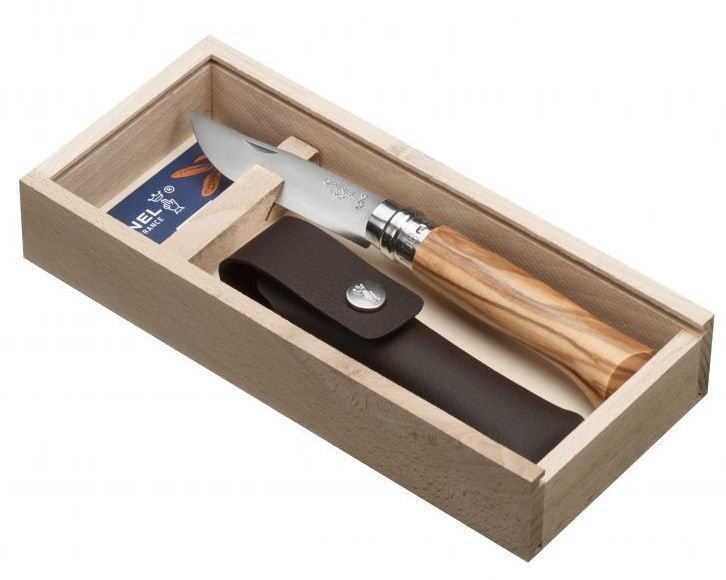 Opinel Vri N°08 set di coltelli da olive con manico in acciaio inox, fodero, scatola di legno