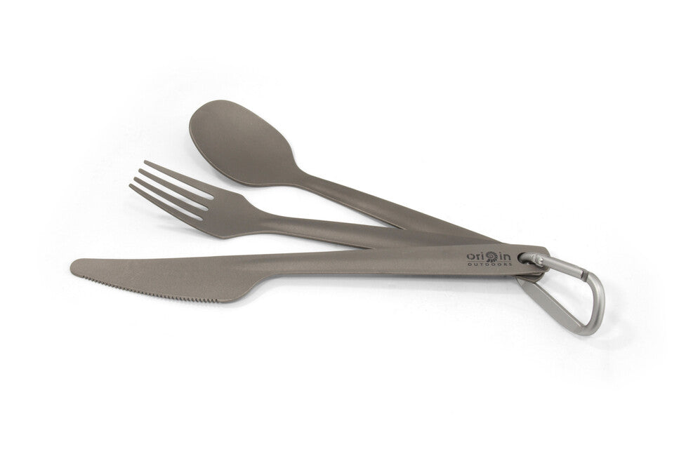 Origin Outdoors Set di posate 3 pezzi in titanio con moschettone