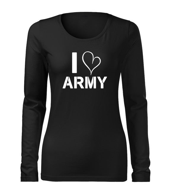 DRAGOWA Slim maglietta da donna a maniche lunghe i love army, nera 160g/m2