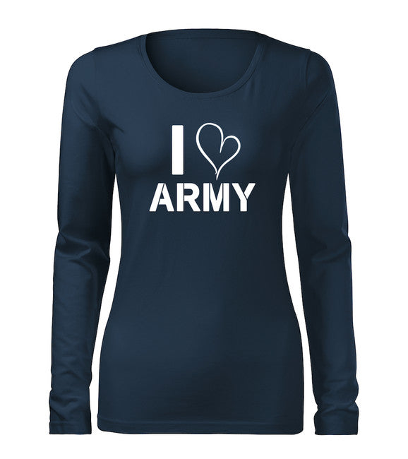 DRAGOWA Slim t-shirt donna a maniche lunghe i love army, blu scuro 160g/m2