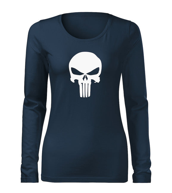 DRAGOWA Slim t-shirt donna manica lunga punisher, blu scuro 160g/m2