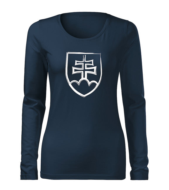 DRAGOWA Slim t-shirt da donna a maniche lunghe con emblema slovacco, blu scuro 160g/m2