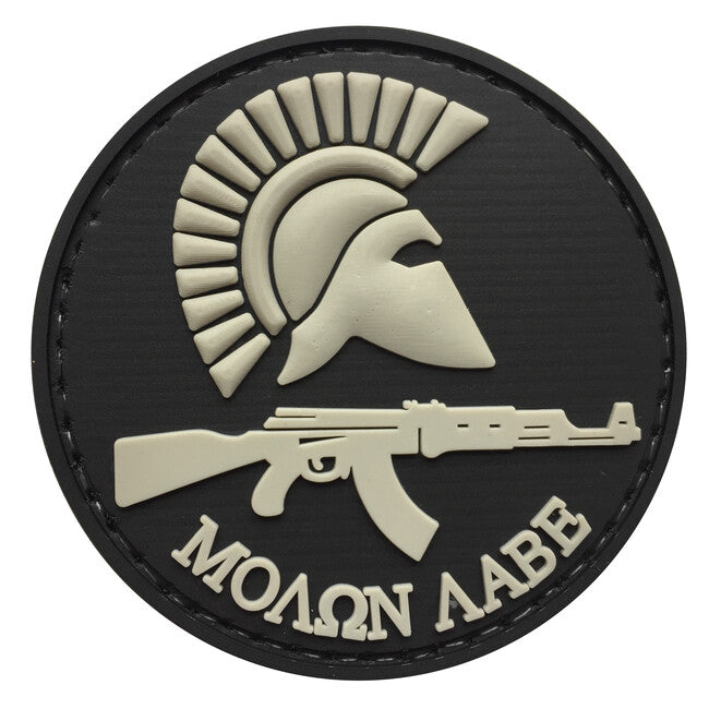 WARAGOD Molon Labe toppe rotonda con fucile in pvc nero e grigio