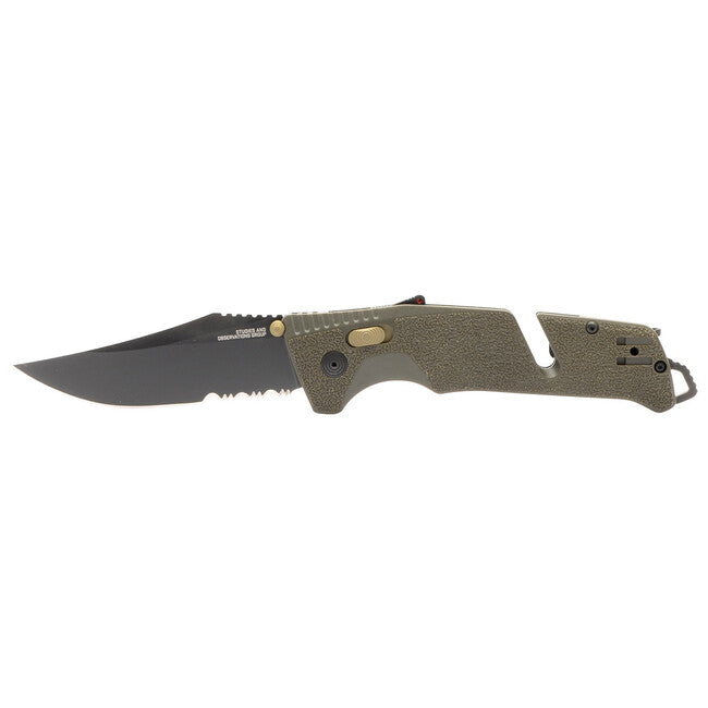 Sog Trident AT coltello da chiusura, olive drab, parzialmente seghettato